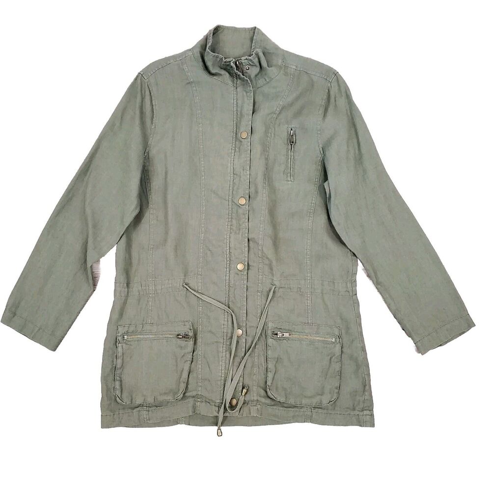 Artisan NY Linen Utility Field Jacket S Green Zip Up Military Lagenlook Safari